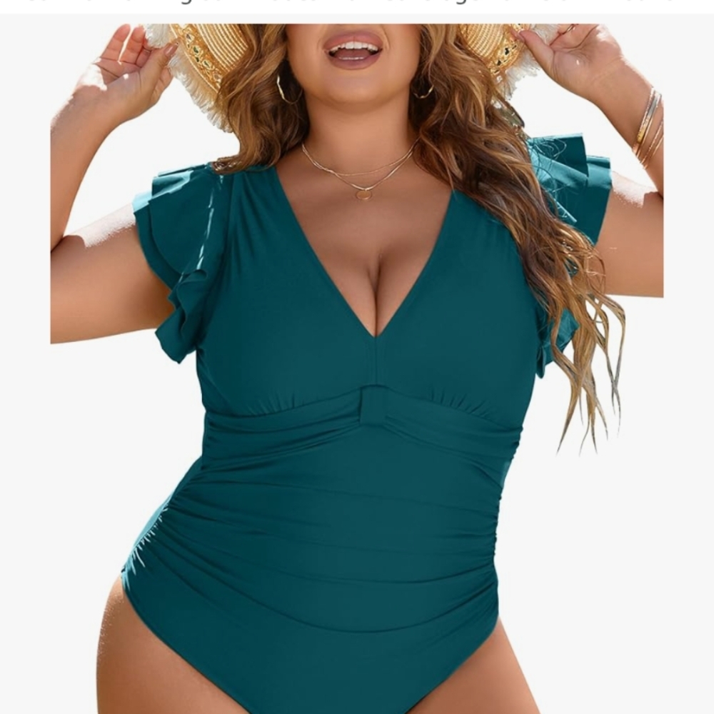Teal Ruffle Sleeve One Piece Swimsuit